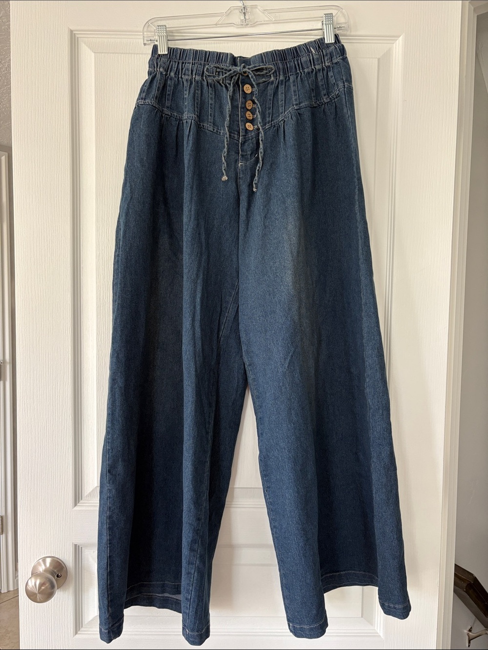 Wide Leg Dark Blue Women’s Jeans with Drawstring Waist